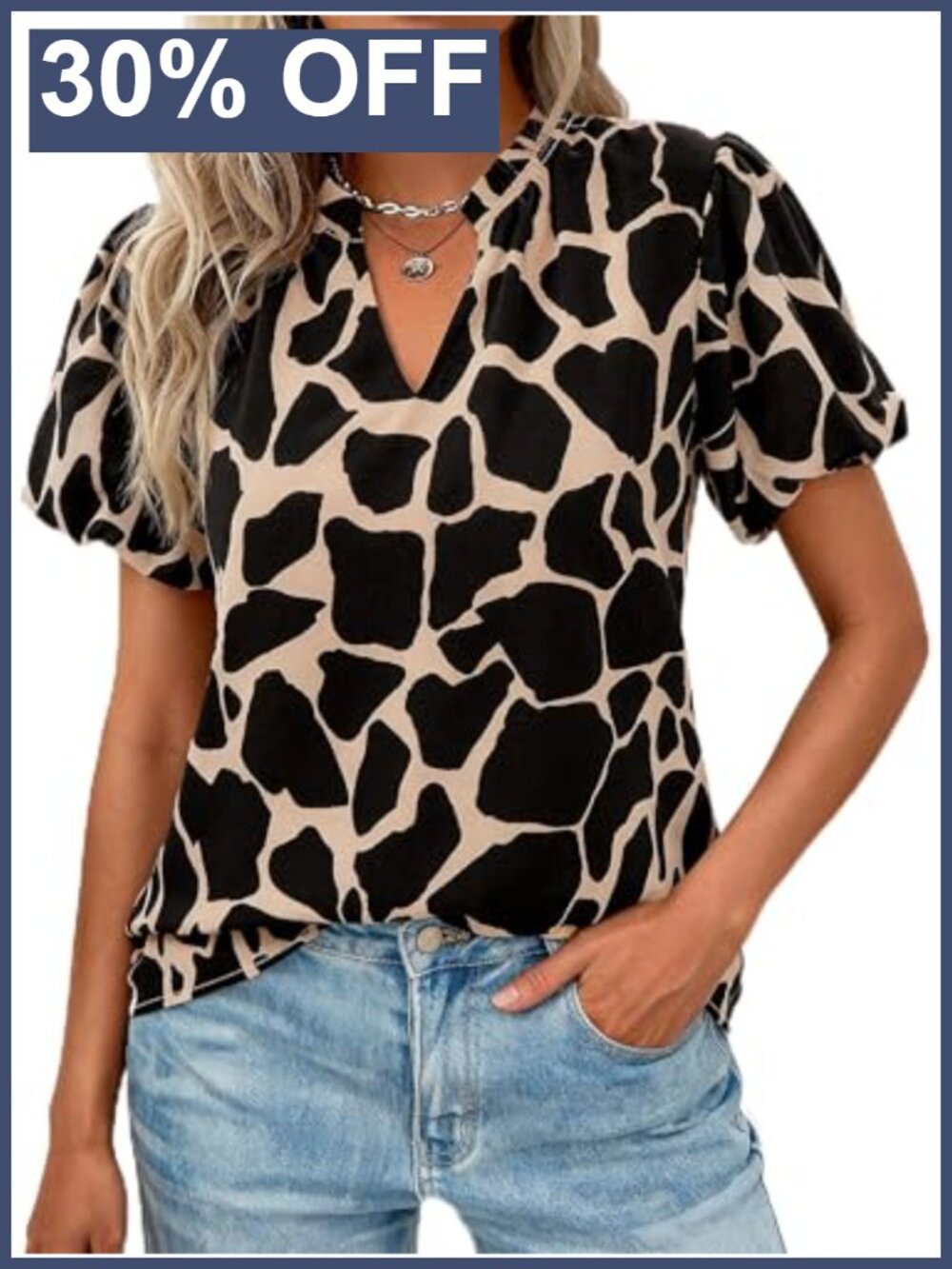 Boho Floral Chiffon Blouse V-Neck Puff Sleeve Work Top